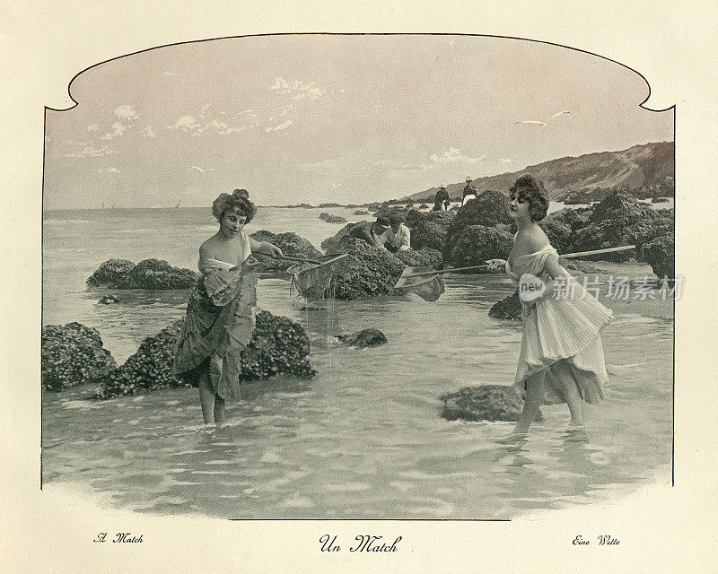 Women paddling and fishing in the sea, Victorian seaside